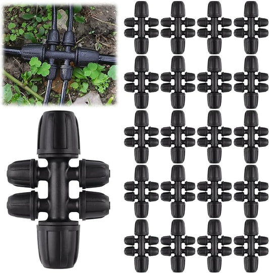 20PCS Locked Barbed Tee Connectors, Kalolary 5/16" to 1/4" Drip Irrigation Fittings Kit 8/12mm to 4/7mm Tube Lock Female Connector 6-Way Barbed Lock Irrigation Parts for Watering System (Black)