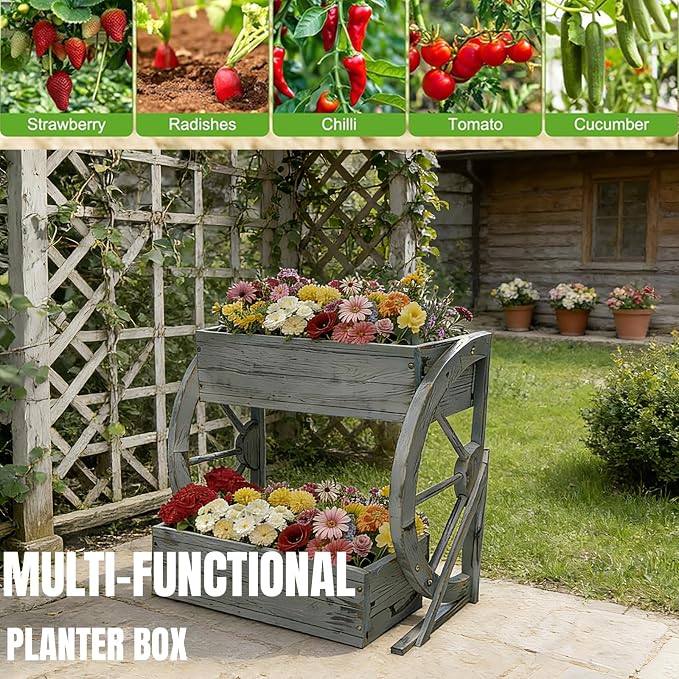 NestNature Wooden Wagon Planter Box|Rustic Planter Use On Indoor&Outdoor | 2-Tier Medium Solid Wood Planter-Flower Pot Use On Patio,Porch,Garden-Raised Garden Bed For Succulents, Herbs, Vegetables