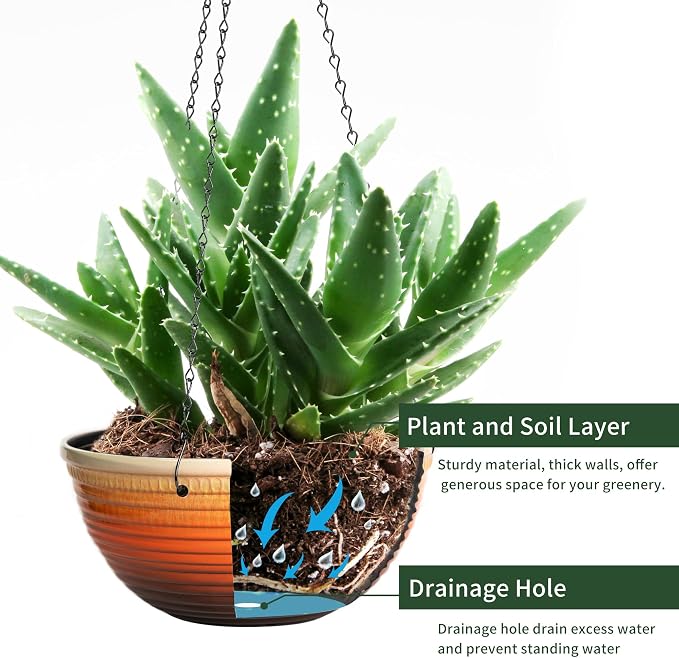 Vanslogreen 12 inch Hanging Planters for Indoor Outdoor Plants, 2 Pack Large Hanging Flower Pots with Drainage Holes and Chain, Glazed Hanging Baskets for Home Garden Decoration, Orange