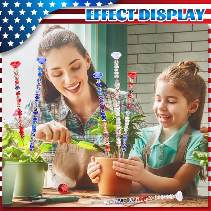 AIPRIDY DIY Crystal Beaded Fairy Wand Garden Stakes Kit, Colorful Decorative Wands with Assembly Guide, 12 or 10 Inch Threaded Rods,Outdoor Garden Decoration Set (174, Red+White+Blue+Diamond Top)