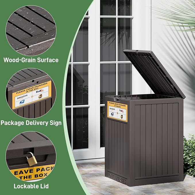 Outdoor Package Delivery Box with Lockable Secure and Sign, Resin Waterproof Outdoor Package Drop Container for Backyard, Garden, Patio & Lawn, Brown with Sign