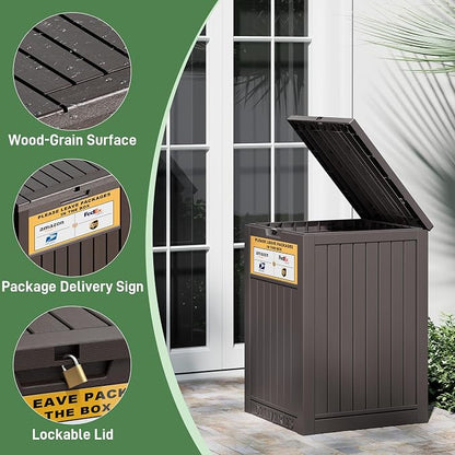 Outdoor Package Delivery Box with Lockable Secure and Sign, Resin Waterproof Outdoor Package Drop Container for Backyard, Garden, Patio & Lawn, Brown with Sign