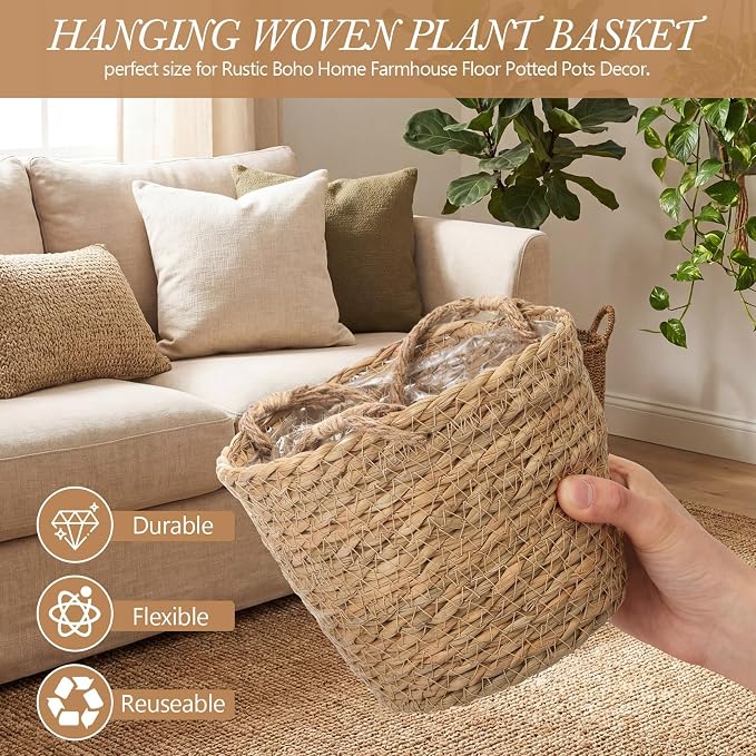 6 Pcs Seagrass Hanging Planter Basket Hand Woven Plant Basket with Plastic Liners Hanging Plant Holder Storage Containers with Cotton Rope for Indoor Outdoor Garden Home Decor (Brown)
