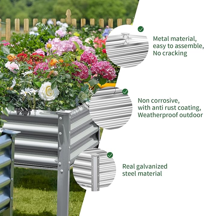 Land Guard Galvanized Raised Garden Bed with Legs, 96×24×32in Raised Garden Beds Outdoor with Drainage Holes, Planter Boxes Outdoor for Backyard, Patio, Balcony, 1200lb Capacity, Silver