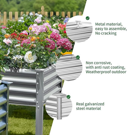 Land Guard Galvanized Raised Garden Bed with Legs, 96×24×32in Raised Garden Beds Outdoor with Drainage Holes, Planter Boxes Outdoor for Backyard, Patio, Balcony, 1200lb Capacity, Silver