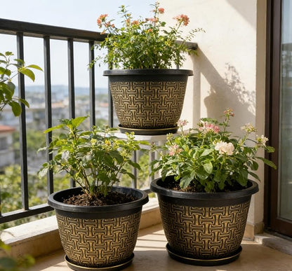 Nooulap 8 Inch Plant Pots, 4 Pack Flower Pot Outdoor with Drainage Holes & Trays, Retro Antique Imitation Decorative Garden Plastic Planters Pots for Plants Indoor Sets for Houseplants