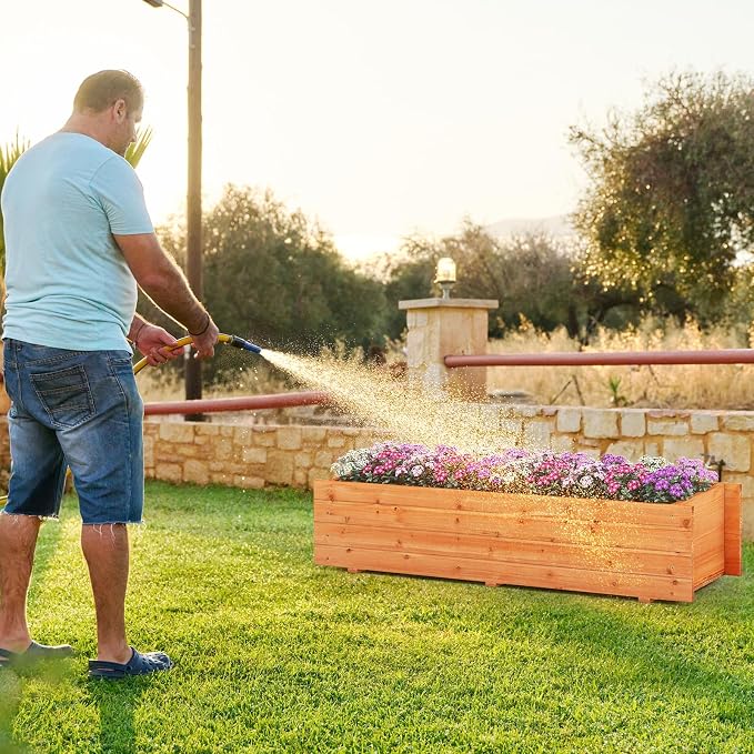 Raised Garden Bed, 44” x 11” x 10” Wooden Flower Bed with 2 Drainage Holes & Removable Bottom, Long Narrow Decorative Garden Bed, Planter Box Outdoor for Vegetables Flowers Fruits Herbs