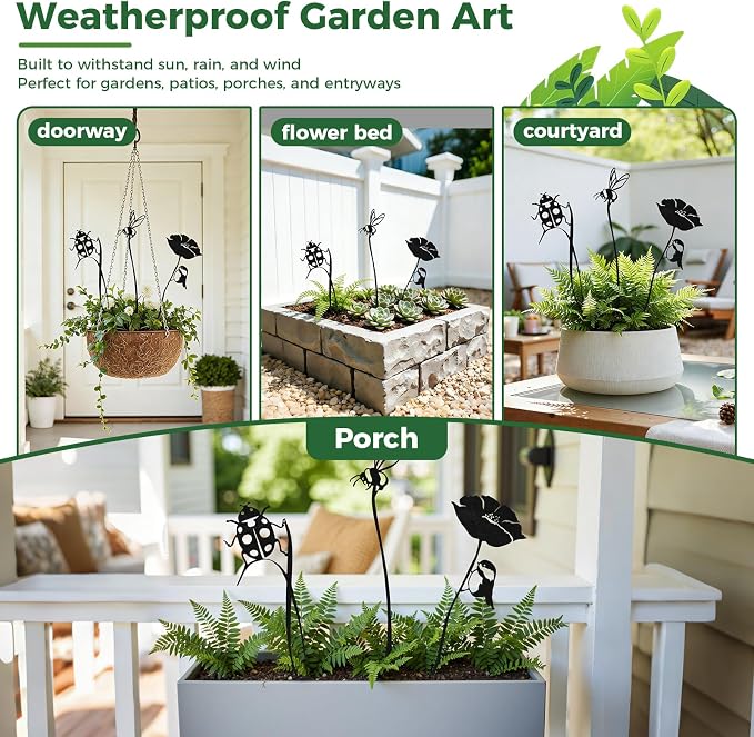 3-Pack Insect Metal Garden Stakes for Indoor&Outdoor Potted Plants, Rustic Metal Flowers for Outside, Decorative Outdoor Status,Gift-Boxed Garden Decor(Black Ladybug&Bee Flower Set)