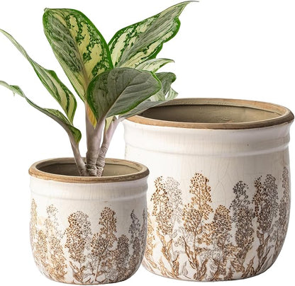 SURE YUESI Ceramic Plant Pots Set of 2, 4.7+5.7 Inch Vintage Indoor Planters with Drainage Hole, Farmhouse Ceramic Flower Pots for Indoor Plants, Rustic Cottage Decor for Home Kitchen Garden, Brown