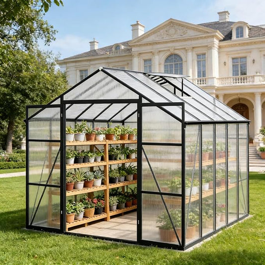 8x10 FT Greenhouse, Walk-in Outdoor Heavy Duty Polycarbonate Greenhouses with Aluminum Frame, High Headroom, UV Protection & Drainage System for Backyard All Season Growing, Black