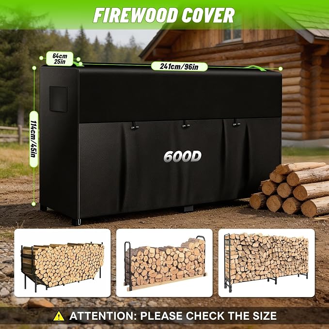 8ft Firewood Rack Cover, 600D Outdoor Waterpoof Log Rack Cover | Front Roll-up Openings, Reflective Handles, Retaining Clips, Air vents, Firewood Rack Cover ( Cover Only) , 95x25x45"