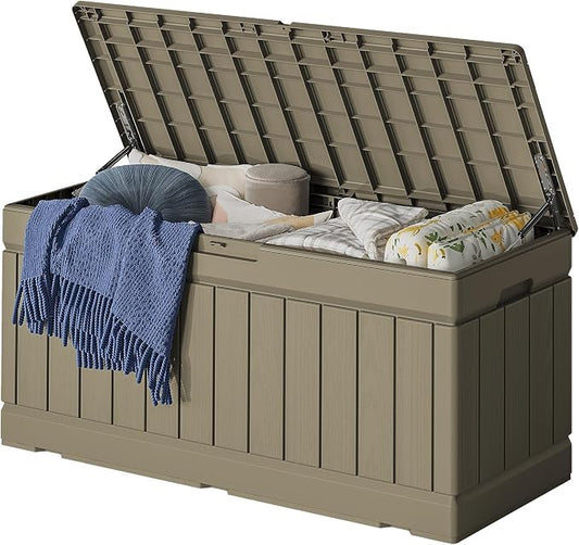 78 Gallon Deck Box Outdoor Indoor Waterproof Storage Box for Patio Furniture, Pool Accessories, Garden Tools, and Cushion Storage, Coffee