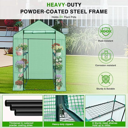 Yesker Greenhouse 57.5"x57"x77" Walk in Green House - Large Outdoor/Indoor Greenhouses with 8 Shelves Waterproof PE Cover & Windows, Portable Greenhouse Kit for Winter Backyard Gardening Patio, Green