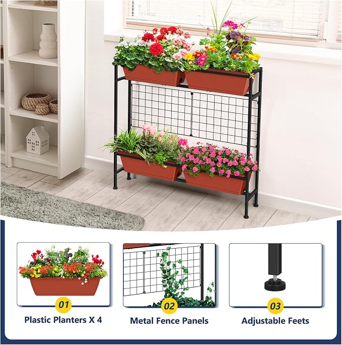 ETELI Raised Garden Beds Outdoor Elevated Planter Boxes with Trellis Patio Herb Garden Planter Outdoor Raised Planter Boxes with Legs for Vegetable Patio Balcony Porch, Brick Red