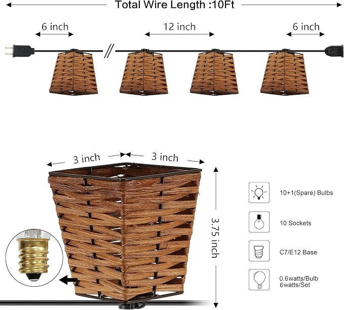 JONATHAN Y 10' Brown 10-Light Bamboo Square String Lights, Classic Vintage Indoor/Outdoor Geometric Lanterns for Patio Deck Porch, Coastal Farmhouse, LED Bulbs Included JYL8707A
