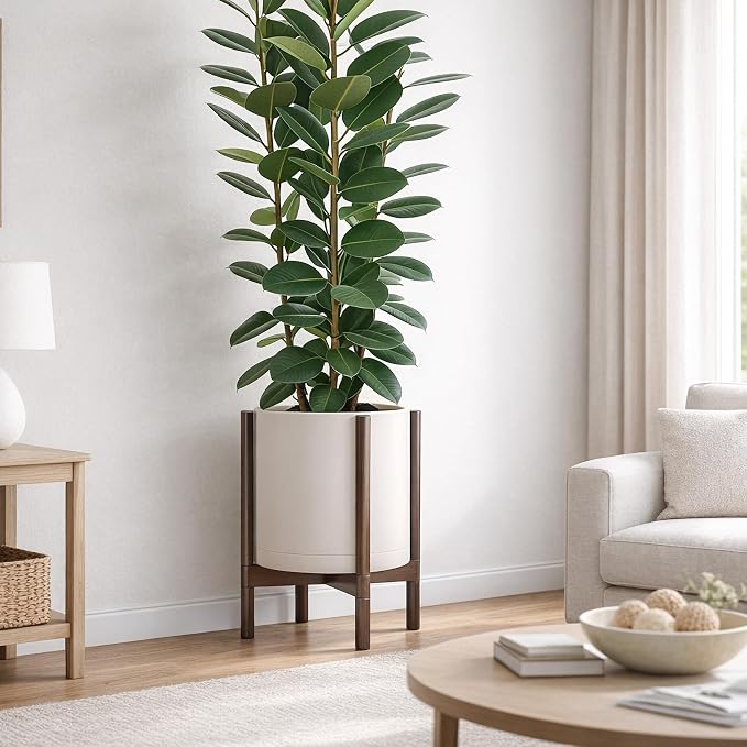 D'vine Dev Plastic Pot with Walnut Wood Stand, Oatmeal, 14 in, 55-C-R-3 | Mid-Century Inspired Design, Elevated Plant Display, Clean Lines, Sturdy Support, Modern Space-Saving Style