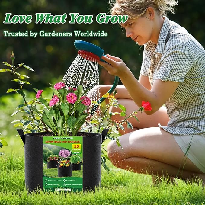 FEED GARDEN 25 Gallon Grow Bags, 8 Pack, Heavy Duty 300G Fabric Pots | 300G breathable fabric grow bags with reinforced handles for vegetables, flowers, herbs, fruit trees, and outdoor gardening.