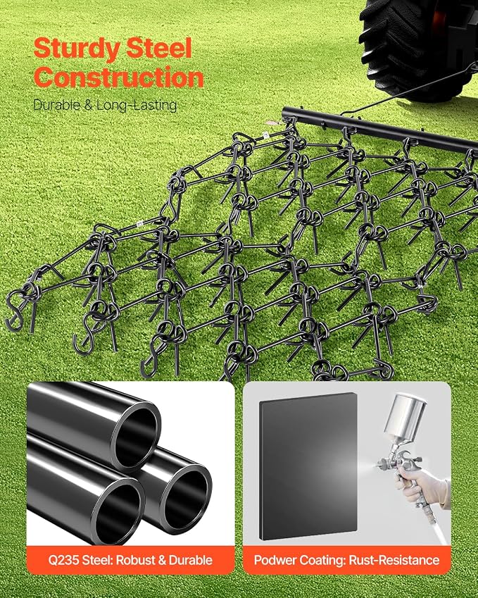 VEVOR Drag Harrow, 4 ft x 4 ft Durable Chain Harrow with 69 Sharp Teeth, Suitable for ATV UTV Tractor, Ideal for Soil Preparation, Seeding, Smoothing Landscapes, and Yard Gravel Driveway Maintenance