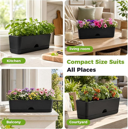 6 Pack Rectangle Planter 16x4.4 Inch Window Boxes Planters Rectangular Window Sill Planters Indoor Self Watering Plant Pots with Drainage Holes and Saucers Succulent Herb Flower Pots, Black