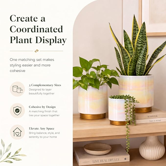 Gepege White Indoor Pots for Plants, Ceramic Planter with Drainage Hole, 6.0 inch+5.0 Inch+4.0 Inch. Succulent Orchid Flower Pot - Rainbow Pearl Glaze