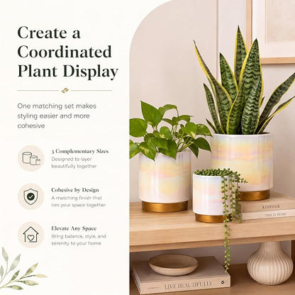 Gepege White Indoor Pots for Plants, Ceramic Planter with Drainage Hole, 6.0 inch+5.0 Inch+4.0 Inch. Succulent Orchid Flower Pot - Rainbow Pearl Glaze