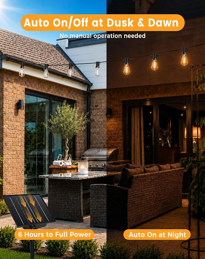 Solar String Lights Outdoor Waterproof, 60FT(54+6) 26 LED S14 Shatterproof Edison Bulbs, 2FT Spacing, 3 Modes, Dimmable, Timer, USB Solar Powered Hanging Patio Lights for Outside, Backyard