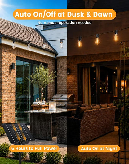 Solar String Lights Outdoor Waterproof, 60FT(54+6) 26 LED S14 Shatterproof Edison Bulbs, 2FT Spacing, 3 Modes, Dimmable, Timer, USB Solar Powered Hanging Patio Lights for Outside, Backyard