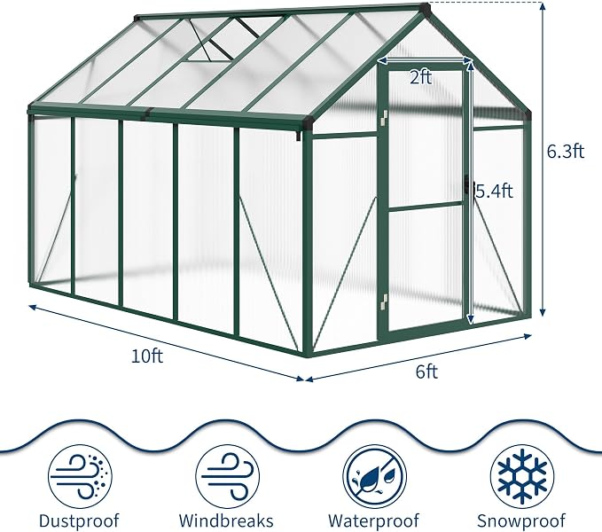 6x10 FT Greenhouse, Greenhouses for Outside, Polycarbonate Greenhouse with Aluminum Frame, Lockable Door and Ajustable Roof Vent for Backyard, Green Houses for Outside Garden Backyard, Patio