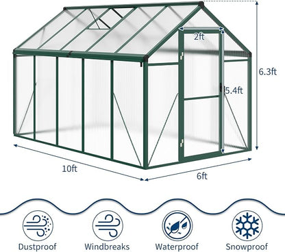 6x10 FT Greenhouse, Greenhouses for Outside, Polycarbonate Greenhouse with Aluminum Frame, Lockable Door and Ajustable Roof Vent for Backyard, Green Houses for Outside Garden Backyard, Patio