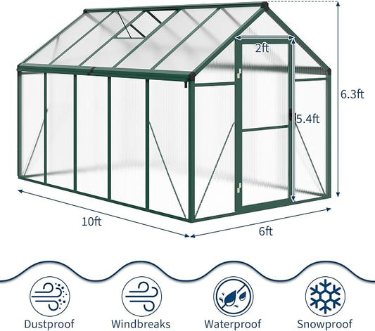 6x10 FT Greenhouse, Greenhouses for Outside, Polycarbonate Greenhouse with Aluminum Frame, Lockable Door and Ajustable Roof Vent for Backyard, Green Houses for Outside Garden Backyard, Patio