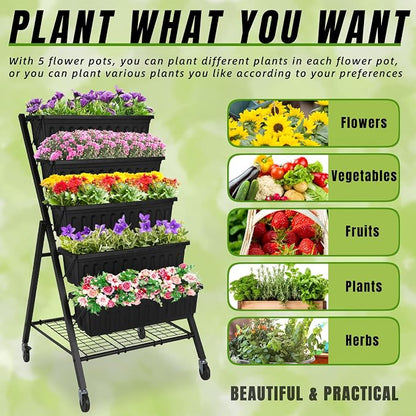 Homdox 4FT Vertical Garden Bed, 5 Tiers Vertical Raised Garden Planter, 25.6 * 26 * 48Inch Garden Raised Bed with 4 Hooks & 4 Wheels, Vegetable Flower Planter Raised Stand, Black with Storage Rack