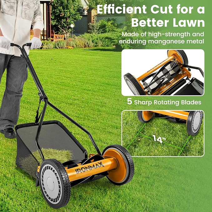 Goplus Manual Lawn Mower, 14 Inch 5-Blade Walk-Behind Cordless Grass Cutter with 7 Gallon Removable Grass Collect Bag, Adjustable Cutting Heights, Push Reel Lawn Mower for Yard, Garden