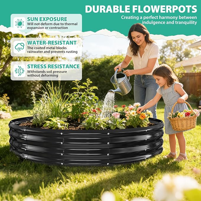 12 Inch Tall 72 Inch Diameter Round Black Raised Garden Bed Kits Outdoor | 1 FT Tall,6 FT Planter Bed for Flowers,Herbs,Vegetables,Trees,0.8MM Thick Galvanized Metal Painted,with Gloves,Tool free