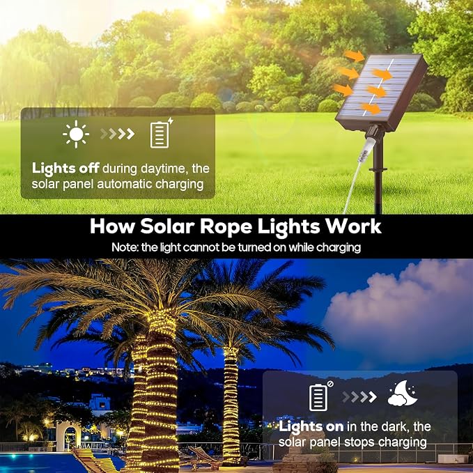 ICRGB Solar Rope Lights Outdoor, 66FT 200LED Christmas Fairy Light with Remote, IP67 Waterproof Solar String Lights, Timing & 8 Modes, Outdoor Light for Garden Patio Porch Pool, Warm White