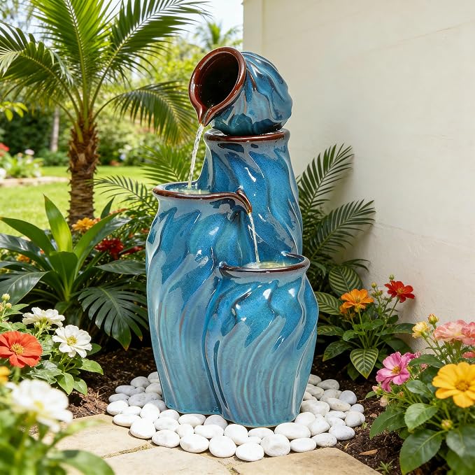 29" Ceramic Outdoor Fountain with Lights, 4-Tier Pots Waterfalls Patio Water Fountain, Tranquil Oasis for Relaxing Garden, Yard, or Porch Decor, Turquoise, Dynamic Wave-Texture