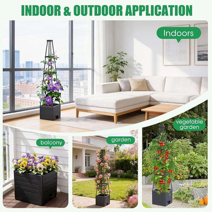 4 Pack Raised Garden Bed Planter Box with Trellis, 57" Self-Watering Tomato Cage Planters for Climbing Plants Vegetable Vine Flowers Outdoor & Indoor (57x9.8x9.8IN)