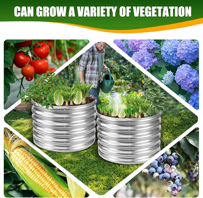 TBMLC 17" Tall Elevated Round Metal Rised Garden Bed- 2'x2' in Size and 0.8MM Thick Durable Planter Box for Vegetables Flowers Succulent at Patio/Garden Outdoor (Silver, 2FT Diameter)