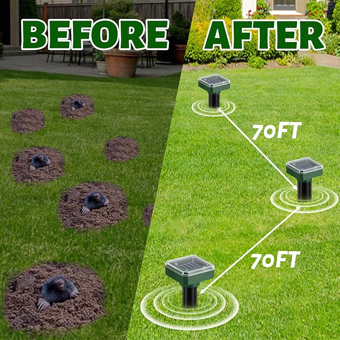 Mole Repellent Solar Powered 10 Pack, Ultrasonic Gopher Deterrent for Garden & Lawn, IP44 Waterproof Vole & Snake Repeller Outdoor, Sonic Spike Pest Control for Getting Rid of Groundhog, Skunk, Rodent