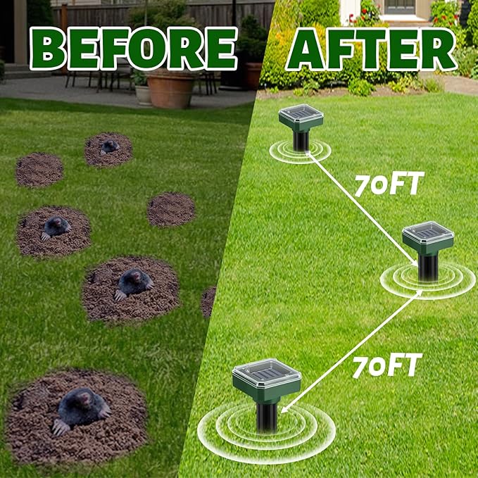 Solar Mole Repellent 10 Pack,Ultrasonic Gopher Vole & Snake Deterrent, Waterproof Sonic Spikes for Pest Control, Groundhog Chipmunk Rodent Repeller for Large Yard Lawn Garden & Grassland