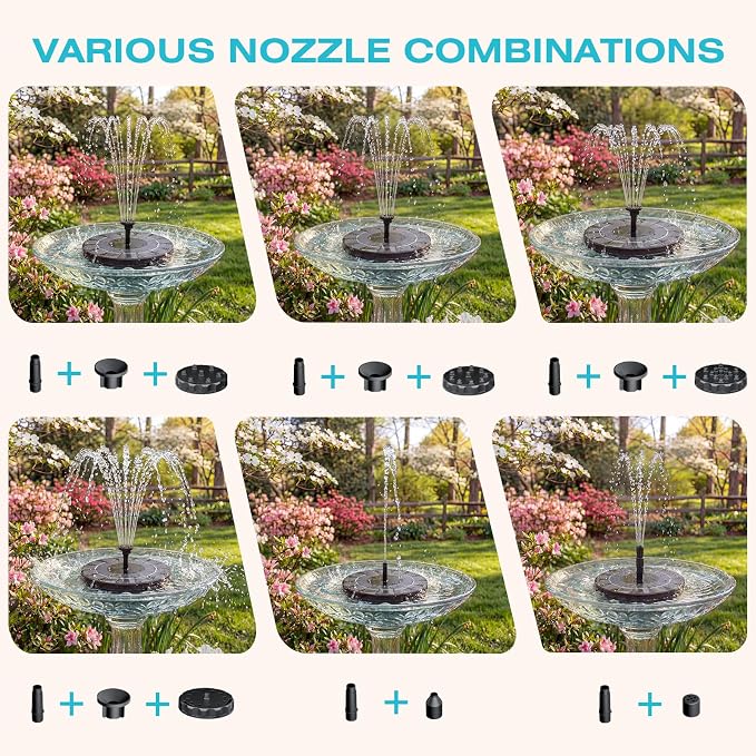 AMZtime 2.5W Solar Bird Bath Fountains, Solar Water Fountain Pump with 6 Nozzles & 4 Tube Supports, 6.7 Inch Fountain Pump for Garden, Pond, Pool, Fish Tank Aquarium Outdoor Use