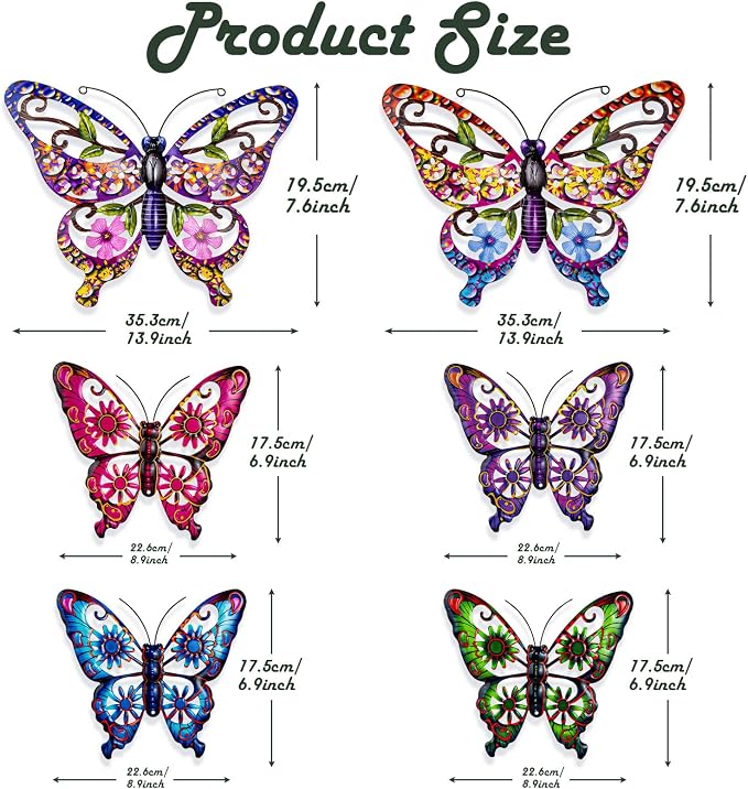 SUNREEK 6Pcs Metal Butterfly Wall Decor, 14Inch/9Inch Outdoor Butterfly Wall Art for Fence Garden Yard Room Patio Balcony Decorations
