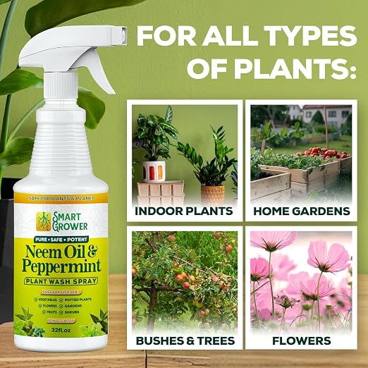 Neem Oil Spray for Plants with Peppermint Oil, Natural Plant Wash Made for Indoor and Outdoor Plants Smart Grower 32oz Easy Ready to Use Spray