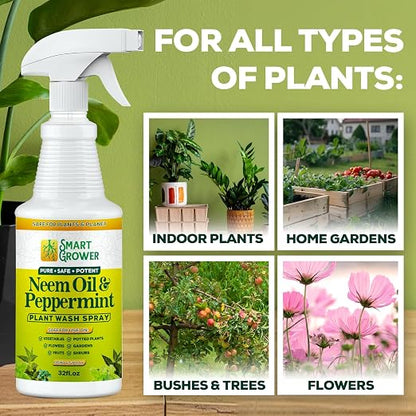 Neem Oil Spray for Plants with Peppermint Oil, Natural Plant Wash Made for Indoor and Outdoor Plants Smart Grower 32oz Easy Ready to Use Spray