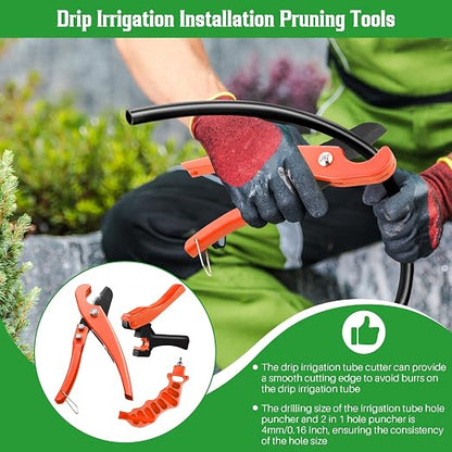 Feekoon Drip Irrigation Hole Punch Tool, 2 in 1 Drip Tubing Punch and Fitting Insertion Tool for 1/4 Inch Emitters, 16 20 25mm PE Pipe, Garden Repair(Orange,230 Irrigation Plugs)