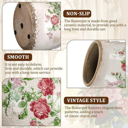 Ceramic Scroll Planter 6.5 Inch Chinoiserie Floral Vase with Drainage Holes Vintage Flower Vase Flower Pot Rustic Ceramic Pots for Indoor Plants Garden Home Bookshelf Decor(Pink Green)