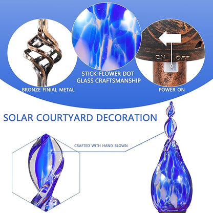 Solar Garden Lights Outdoor, Decorative LED Flame Garden Stakes, Hand Blown Glass and Outdoor Waterproof Glass Stakes (Dark Blue)
