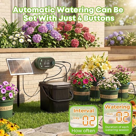 Solar Drip Irrigation System Kit, Auto Watering Kit for 15 Pots, 3W Solar Powered Auto Easy DIY Watering Device,22 Timing Modes with with Anti-Siphoning Device & Buckets and Flower Pots