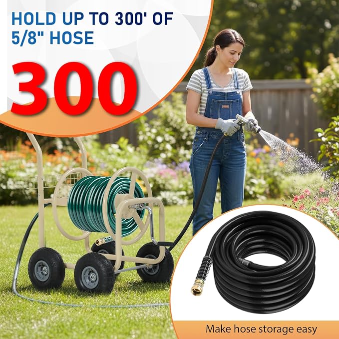 FDW Garden Hose Reel Cart, Water Hose Cart with 4 Wheels, Hold Up to 300 ft of 5/8’’ Hose，Heavy Duty Powder-Coated Steel Planting with Storage Basket, for Garden, Yard and Lawn