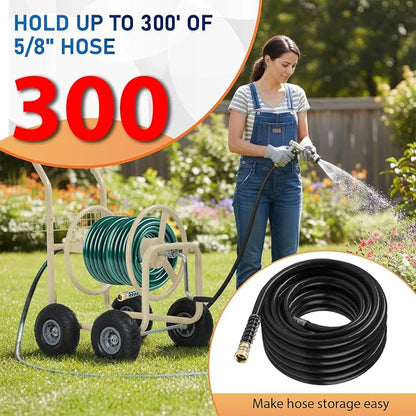 FDW Garden Hose Reel Cart, Water Hose Cart with 4 Wheels, Hold Up to 300 ft of 5/8’’ Hose，Heavy Duty Powder-Coated Steel Planting with Storage Basket, for Garden, Yard and Lawn
