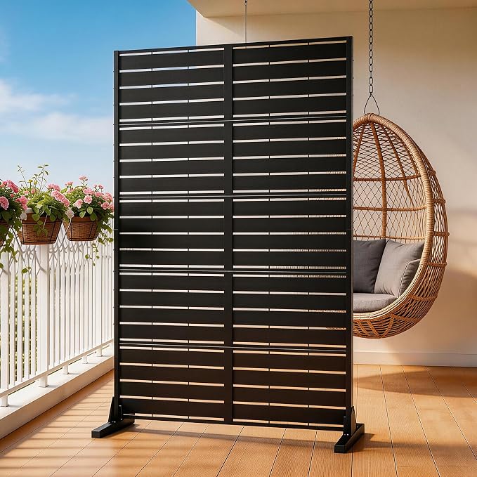 Privacy Screen Outdoor, 72"x44" Room Divider 5-Panel, Freestanding | Slatted Steel Privacy Fence with Ground Stakes, Weatherproof Divider for Balcony, Patio, Deck & Yard